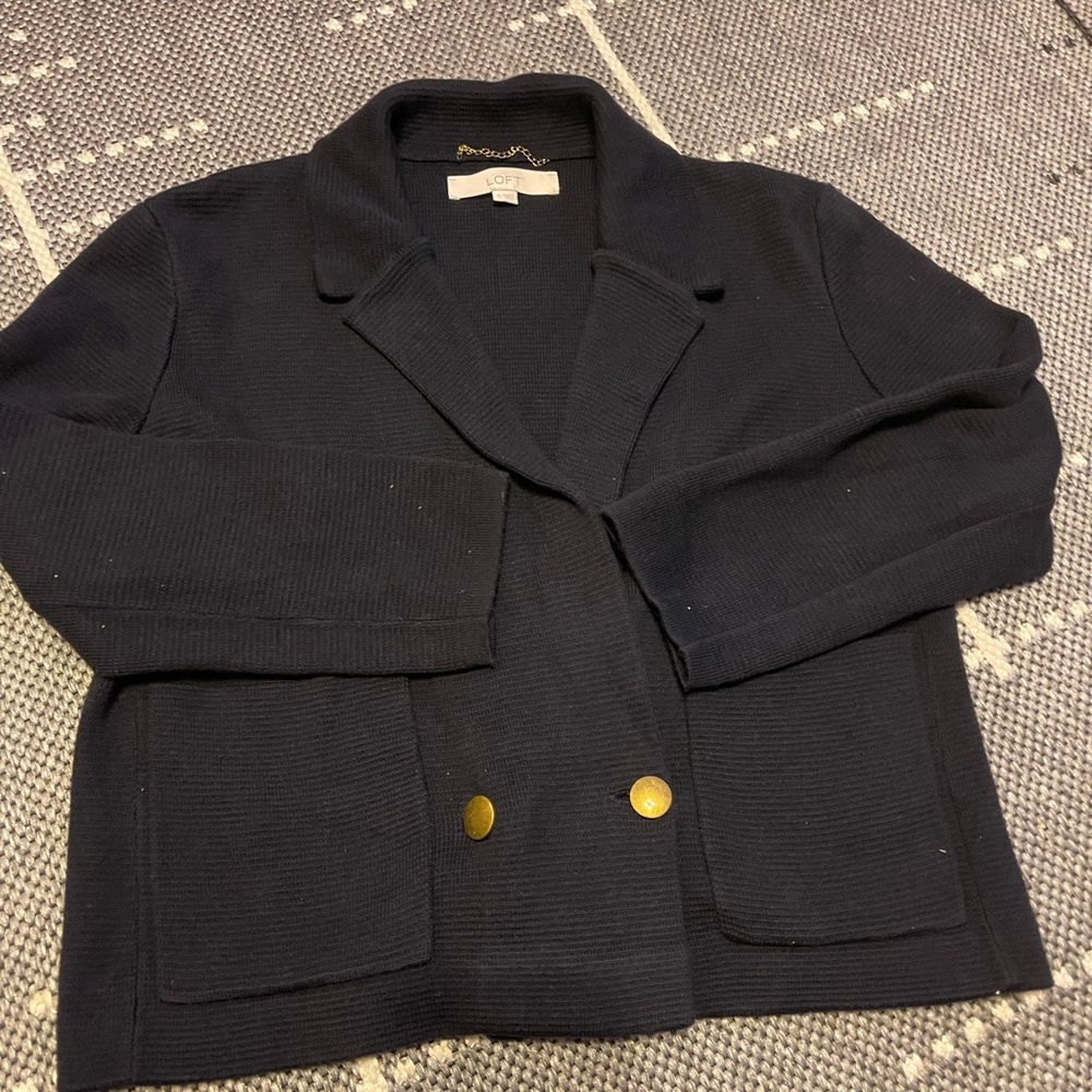 LOFT Navy Blue Sweater Blazer with Gold Buttons